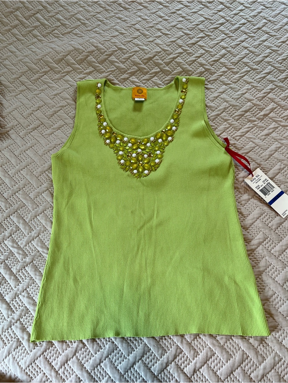 Ruby Rd. Lime Green Ribbed Embellished Scoop Neck Tank Top Baubles Size XL